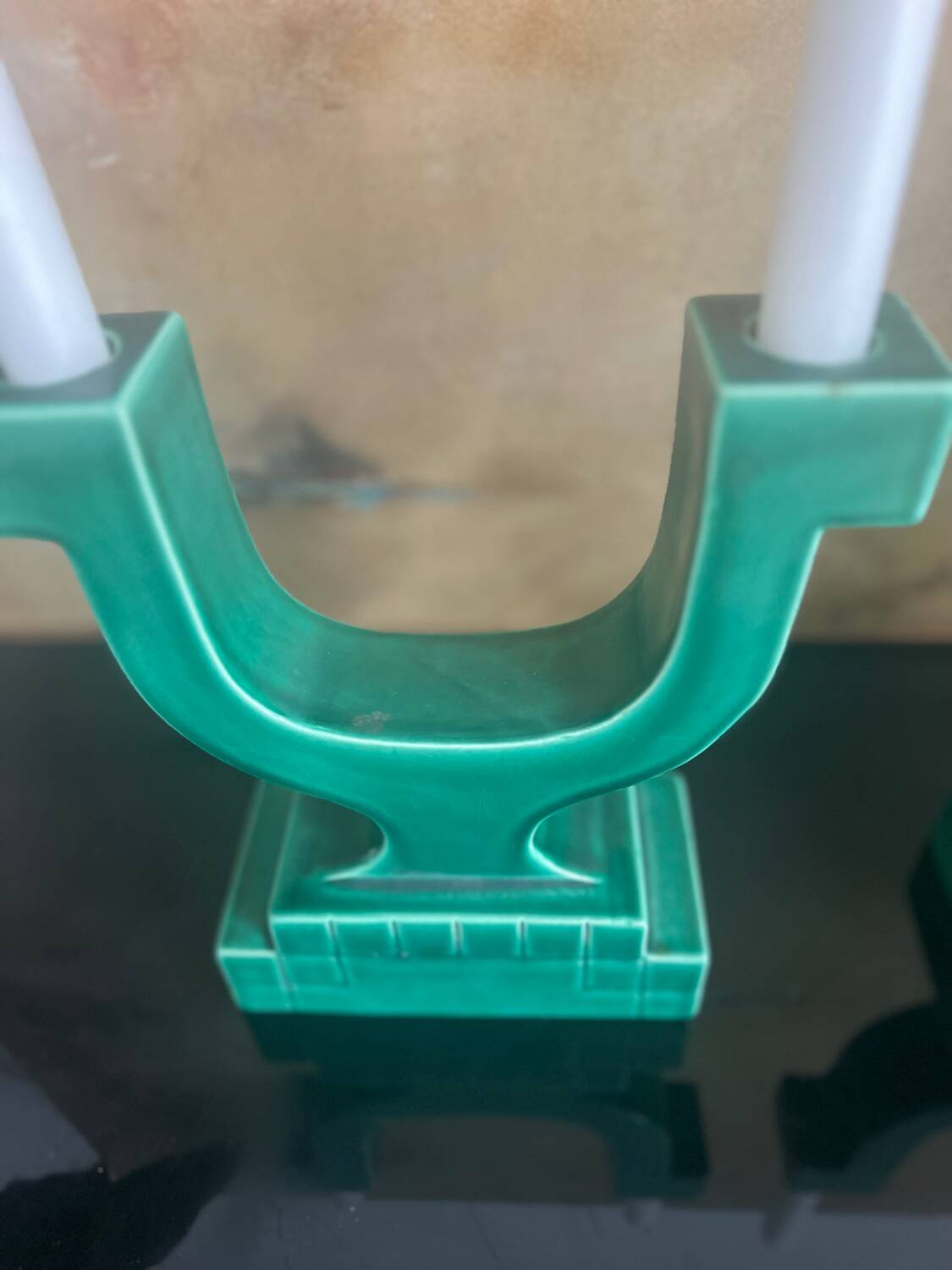 Set of 2 Art Deco candlesticks in green earthenware