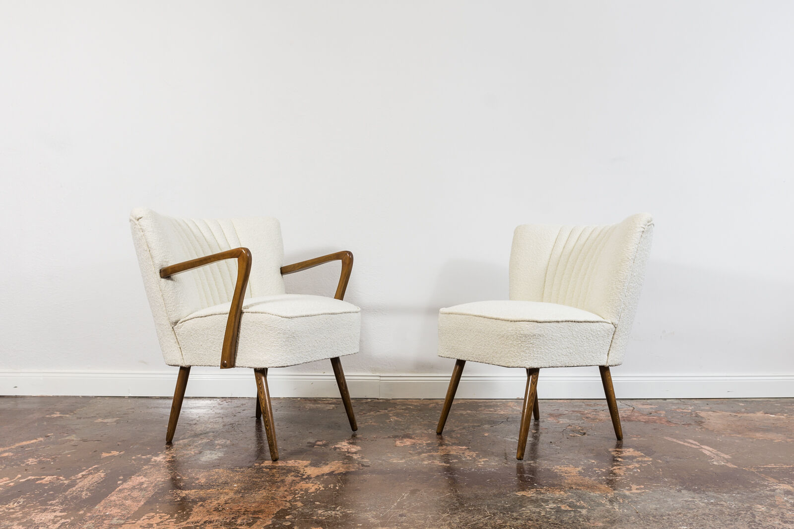 Pair of white cream boucle cocktail chairs, 1950s