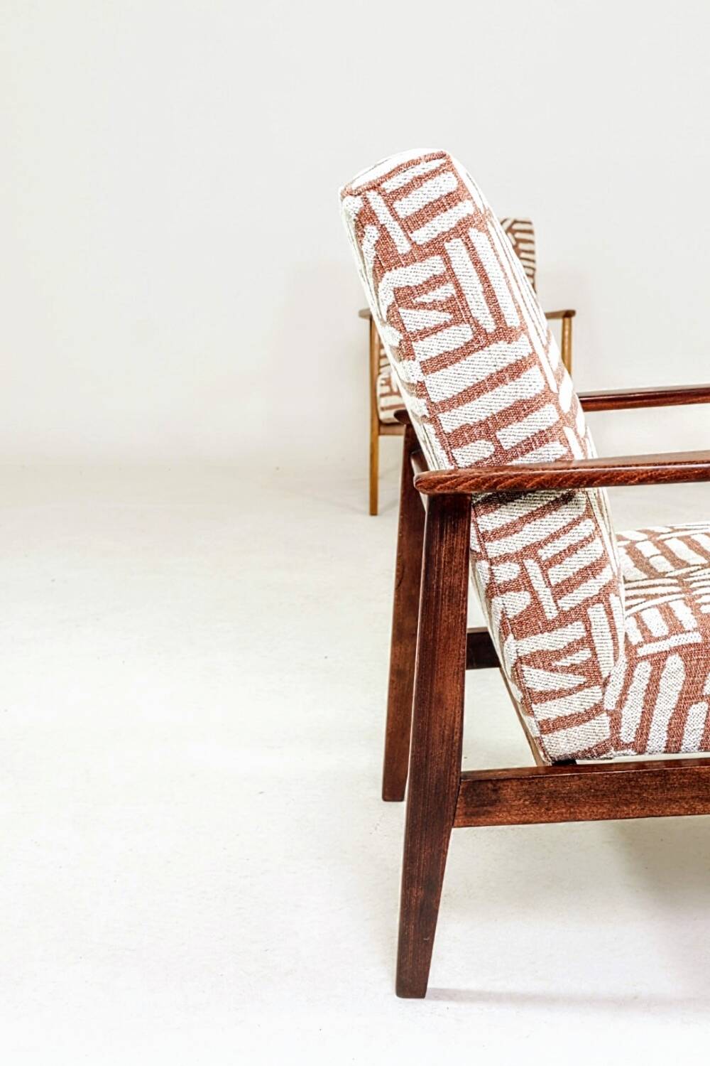 Vintage armchair in solid beech and ethnic jacquard from the 1970s.