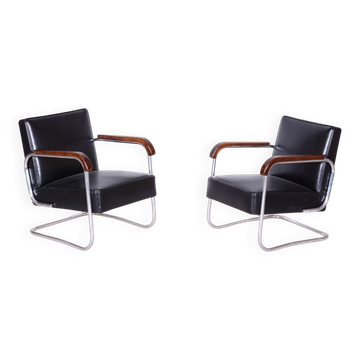 Set of Bauhaus Leather & Beech Armchairs, 1930s