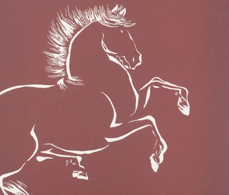 Mokuchu Urushibara : Estampe japonaise, cheval cabré (rouge), gravure sur bois signée