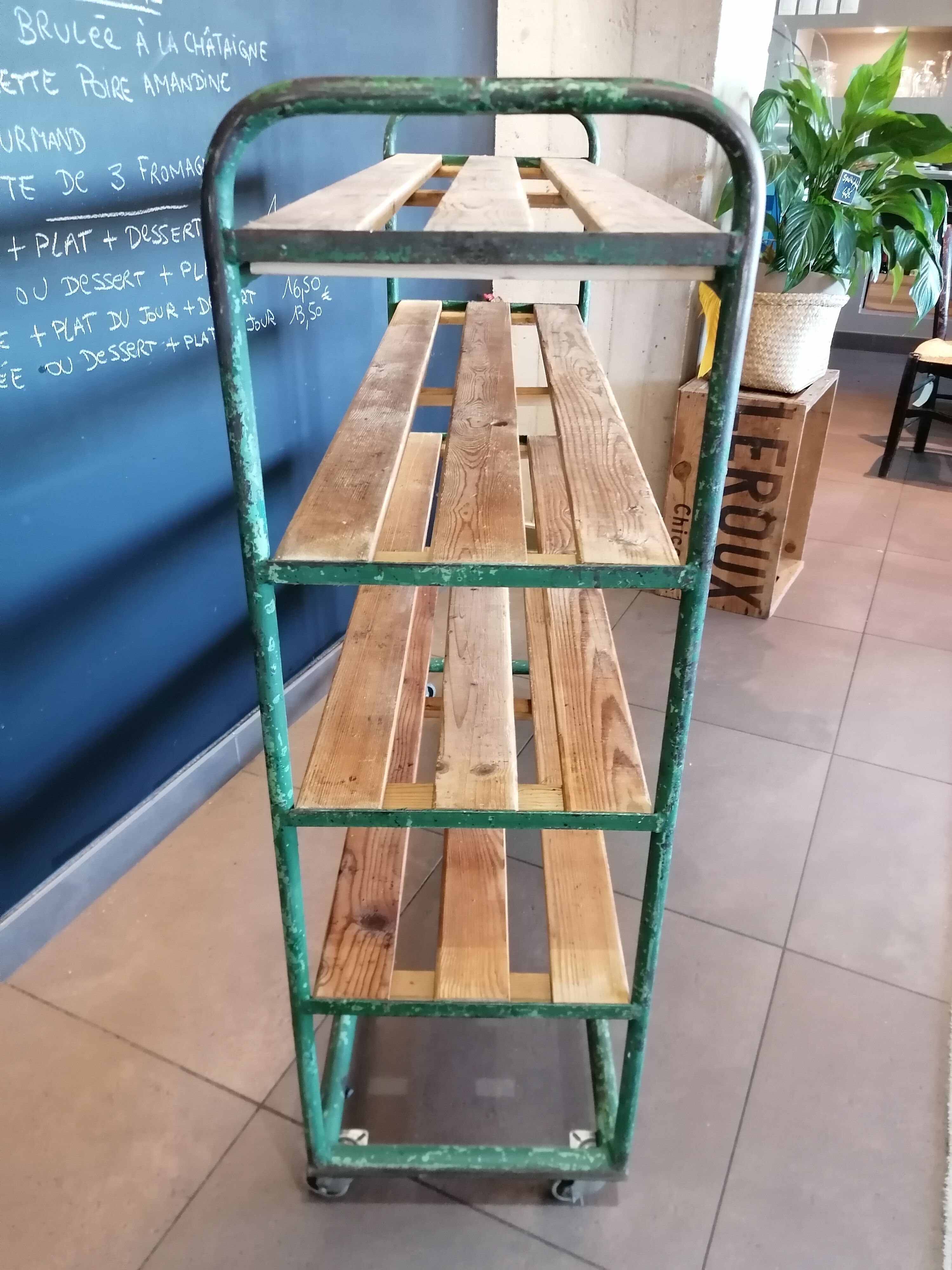 Steel and wooden shelf on wheels