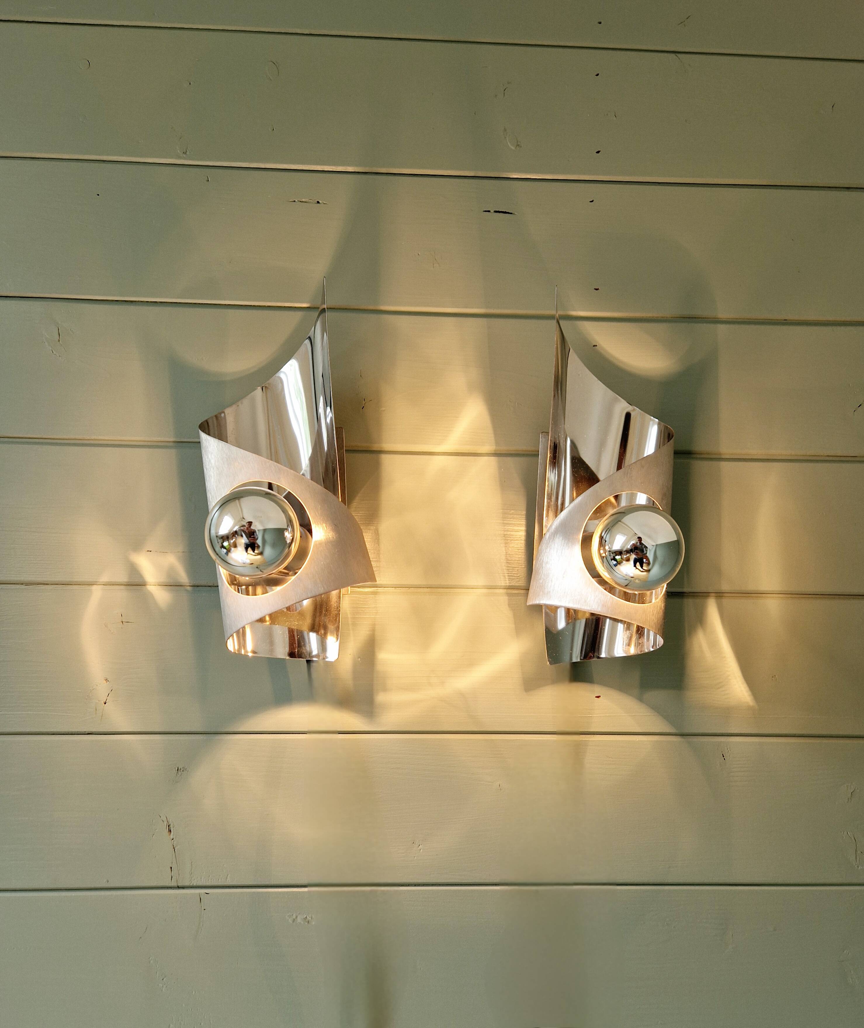 Pair of brushed aluminum wall lights, 1970s