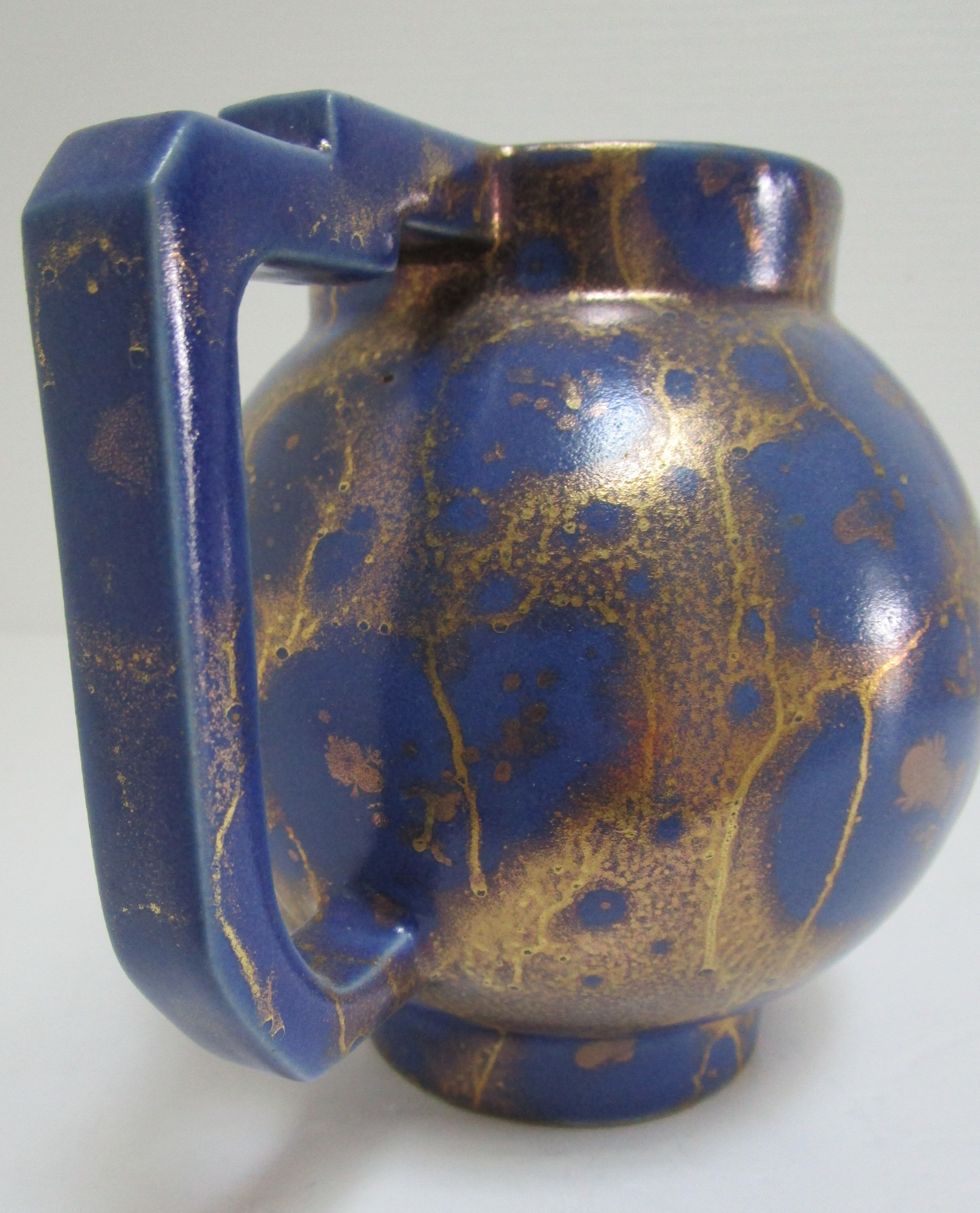 Art Deco ceramic pitcher enamel blue and gold by Lucien Brisdoux 1930s