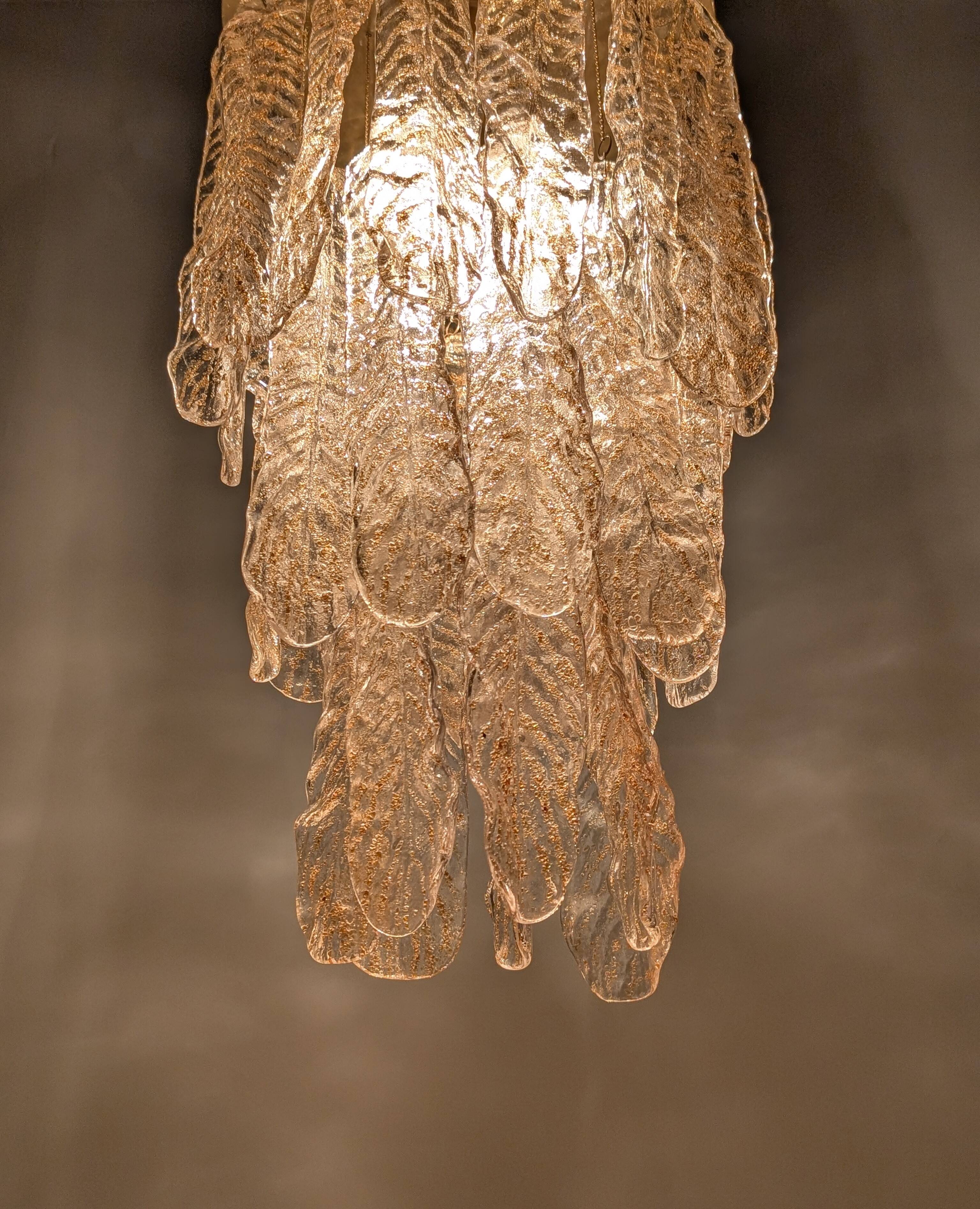 Italian Chandelier with Amber Caramel Murano Glass Leaves, 1970s