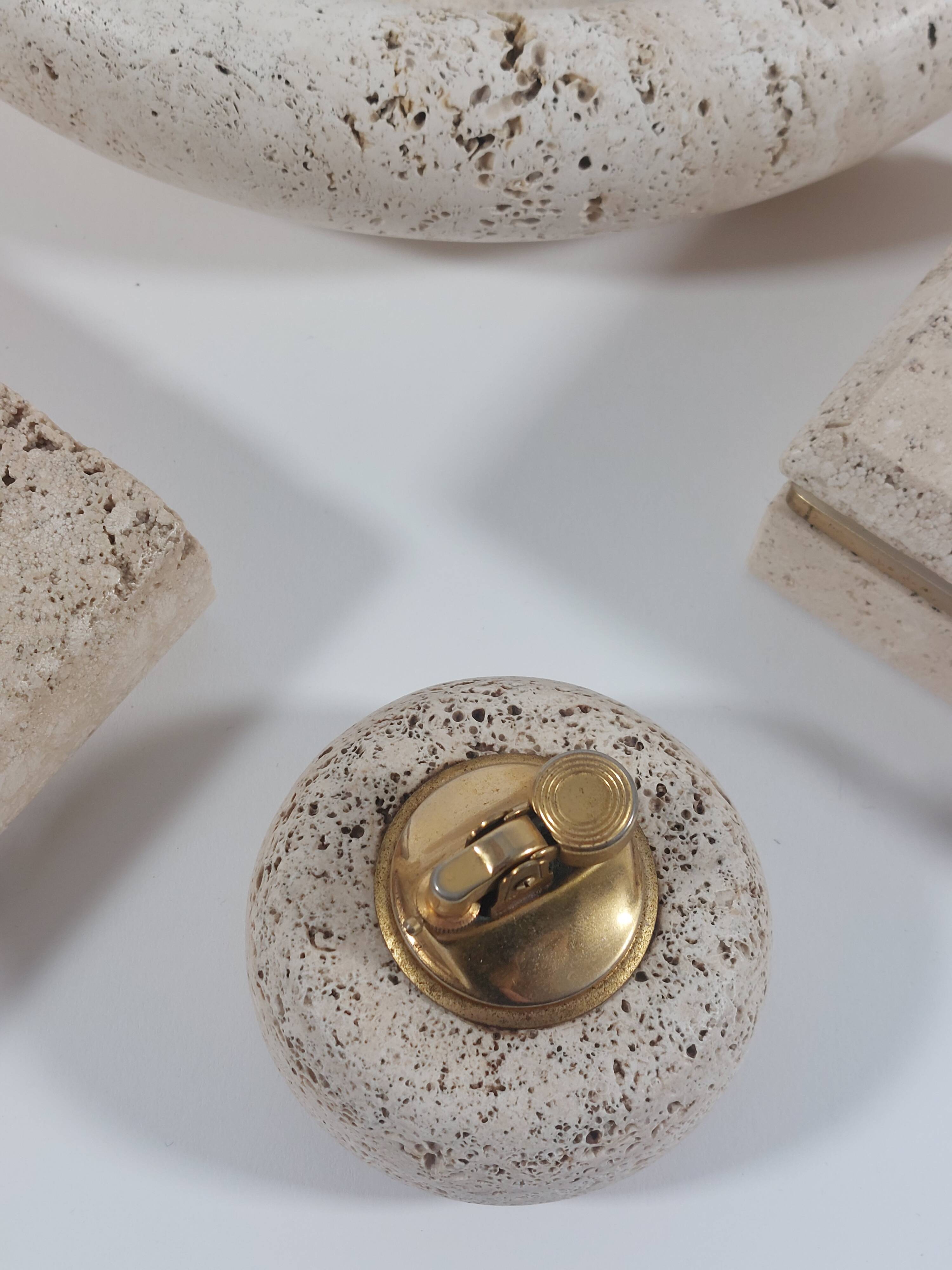 Vintage mid century travertine table set vide poche candleholder ashtray