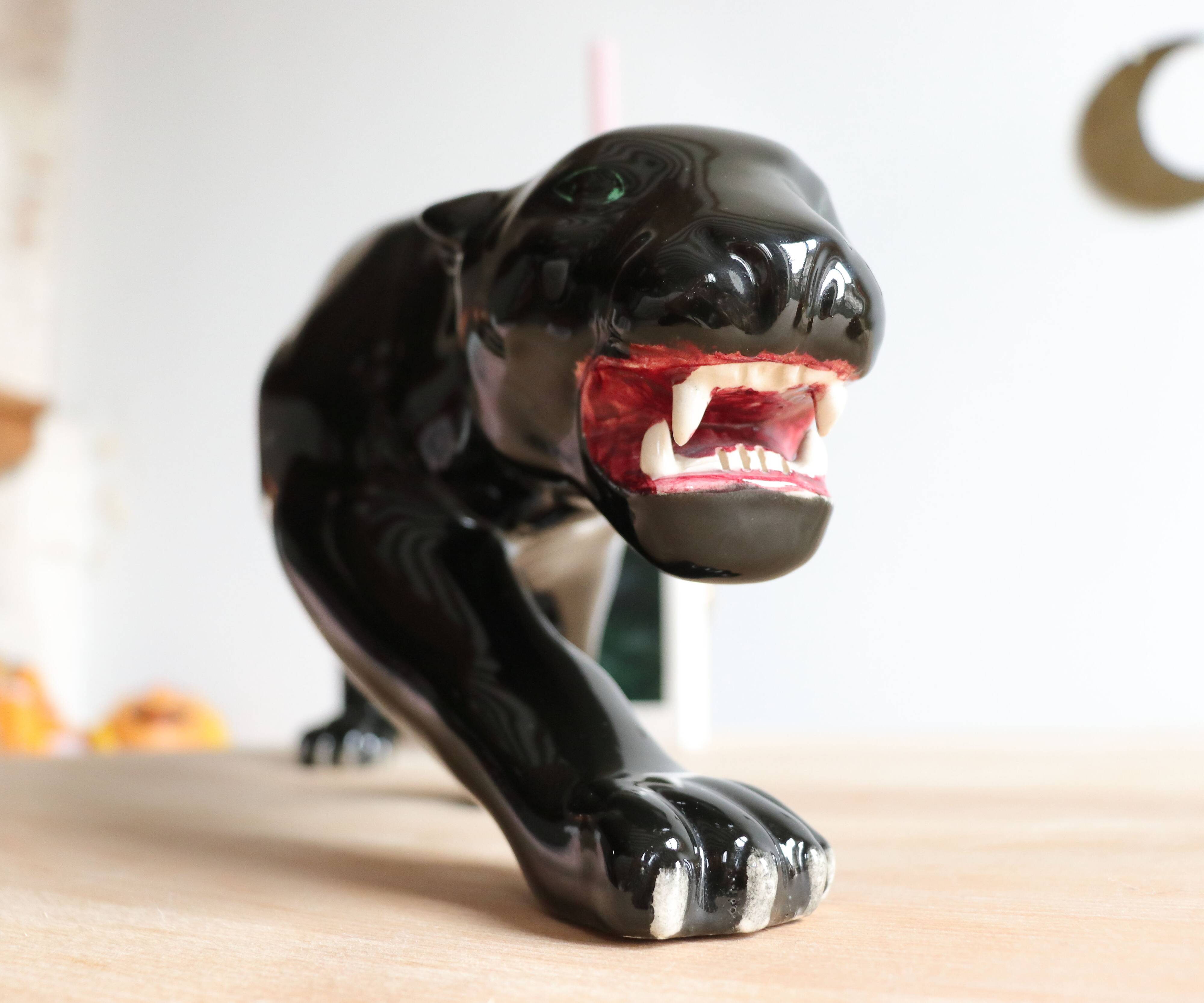 Art Deco ceramic black panther, 60cm sculpture