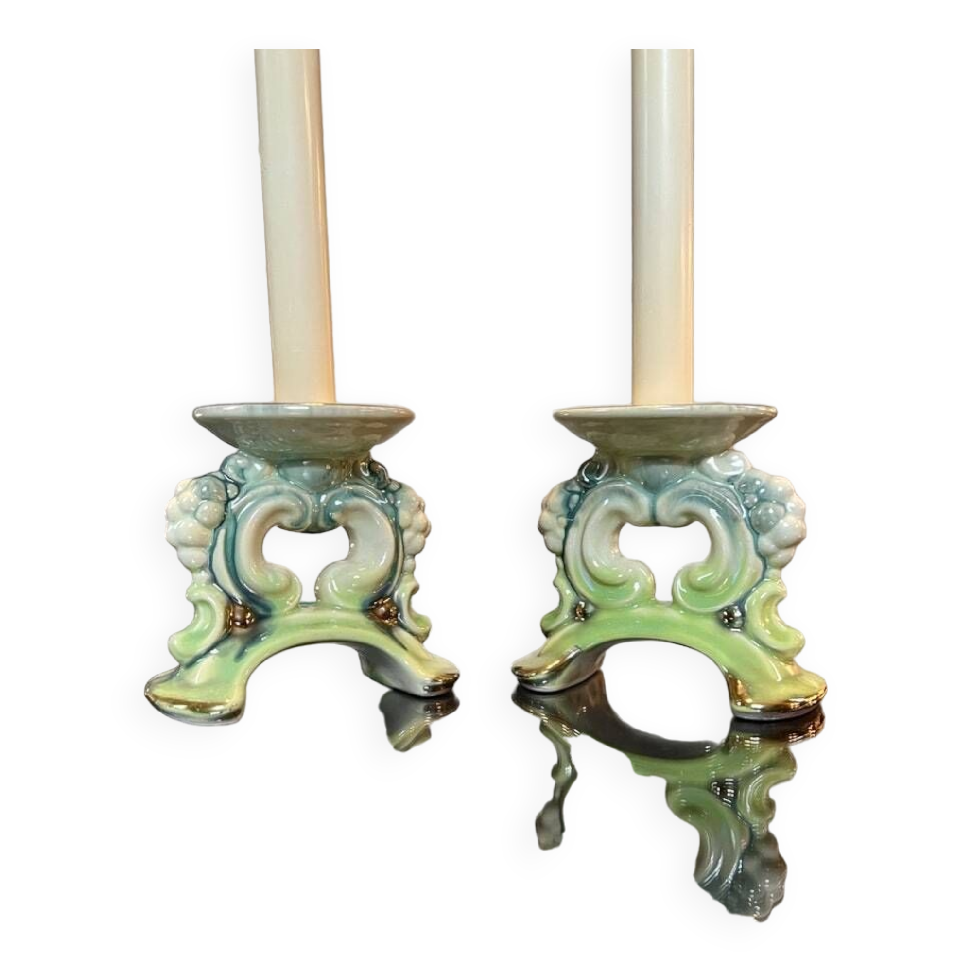 Paire de bougeoirs vintage - faïence céramique verte et bleue - bougies décoration