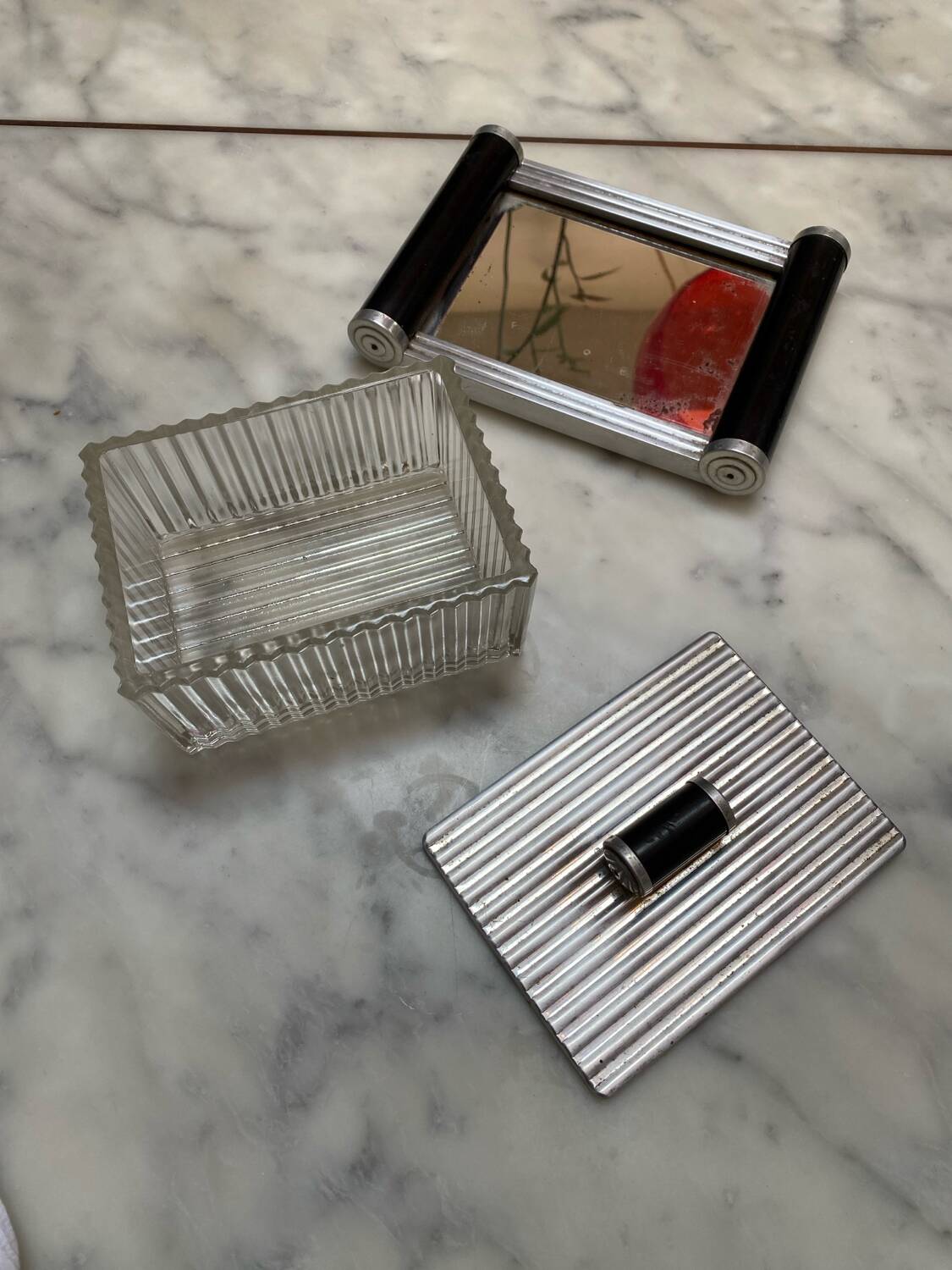 Art Deco box, 1920s metal, wood and glass
