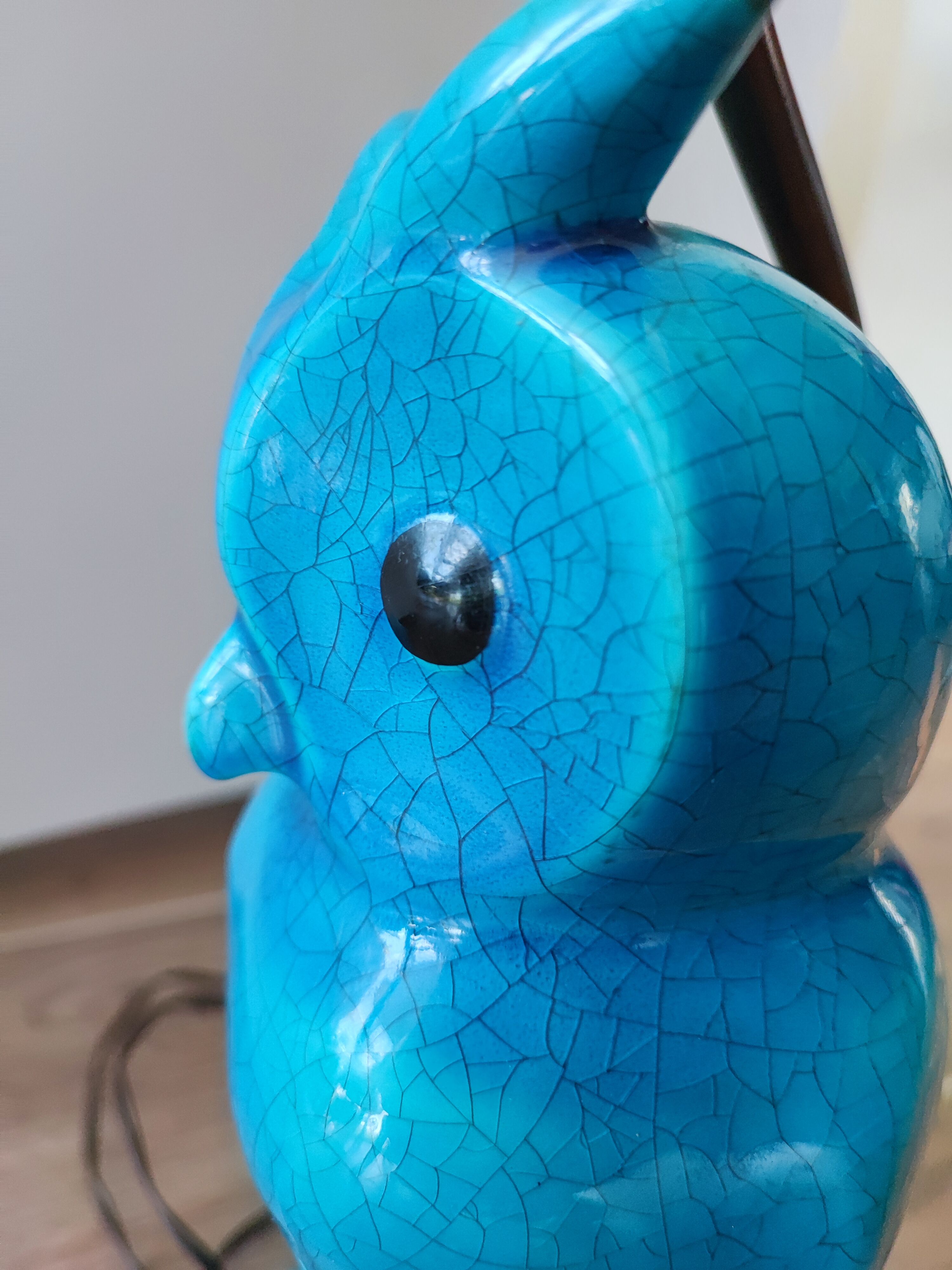 Turquoise cracked earthenware owl lamp