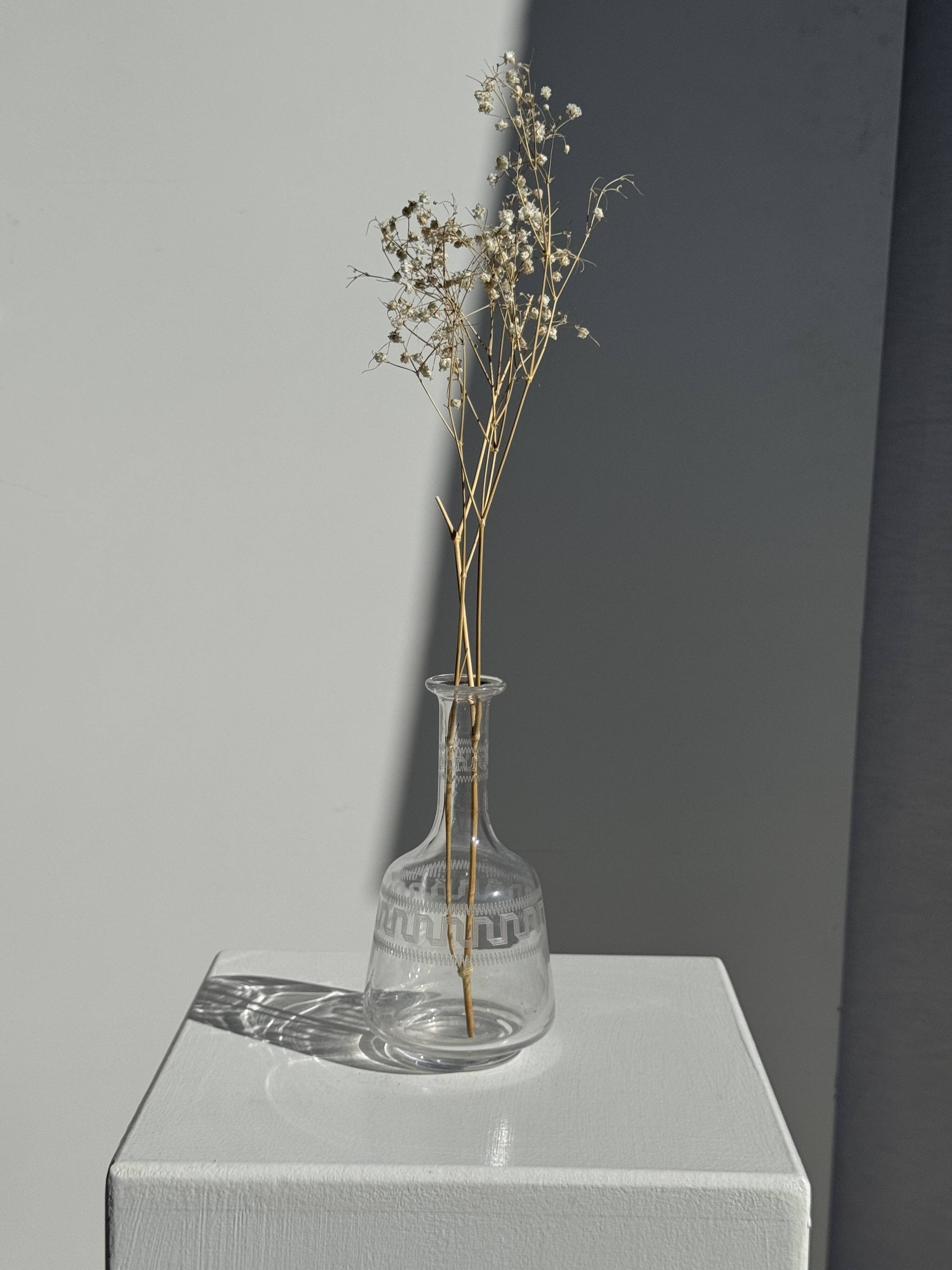 Small glass bottle vase with engraved geometric patterns vintage H16.5