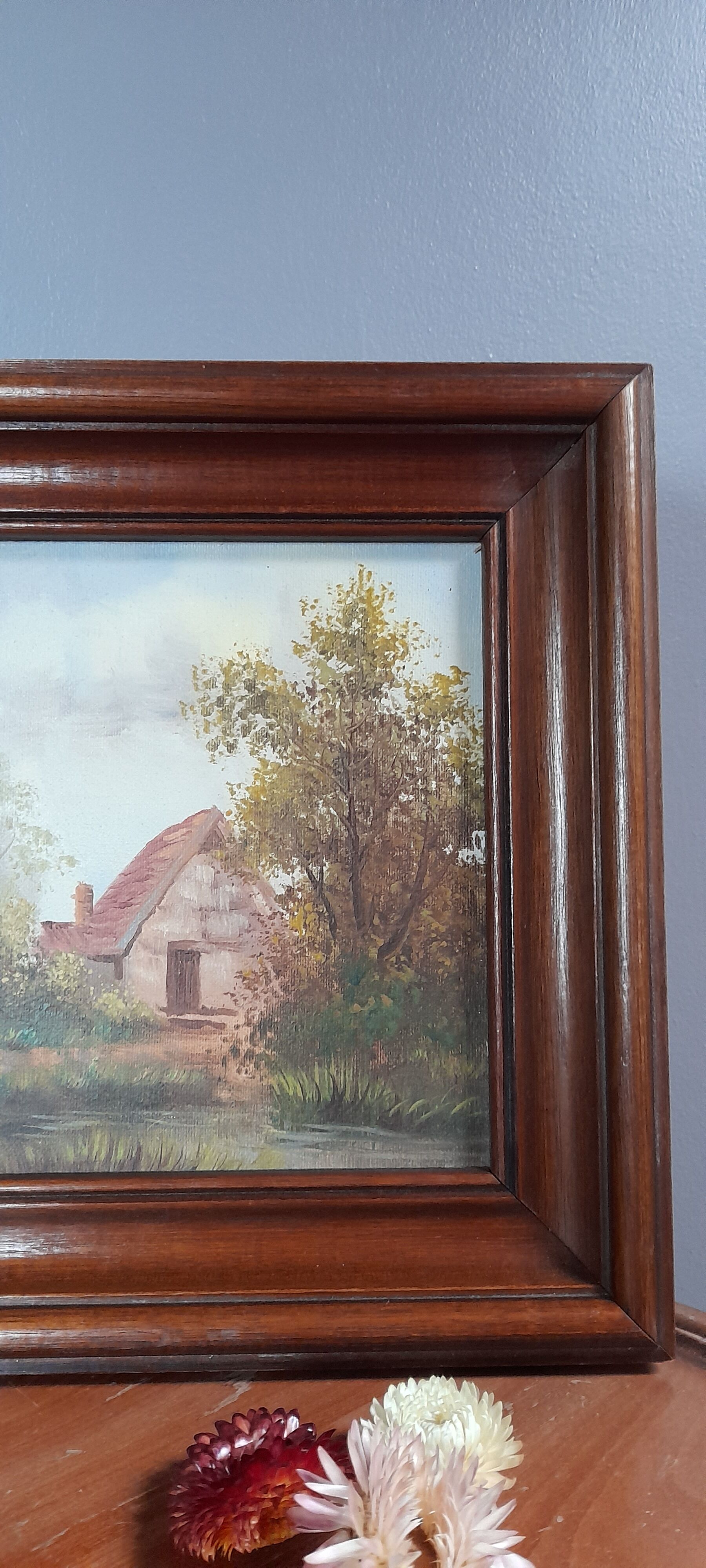 Old oil painting on canvas, country house, dark solid wood frame, mid-century