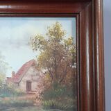 Old oil painting on canvas, country house, dark solid wood frame, mid-century