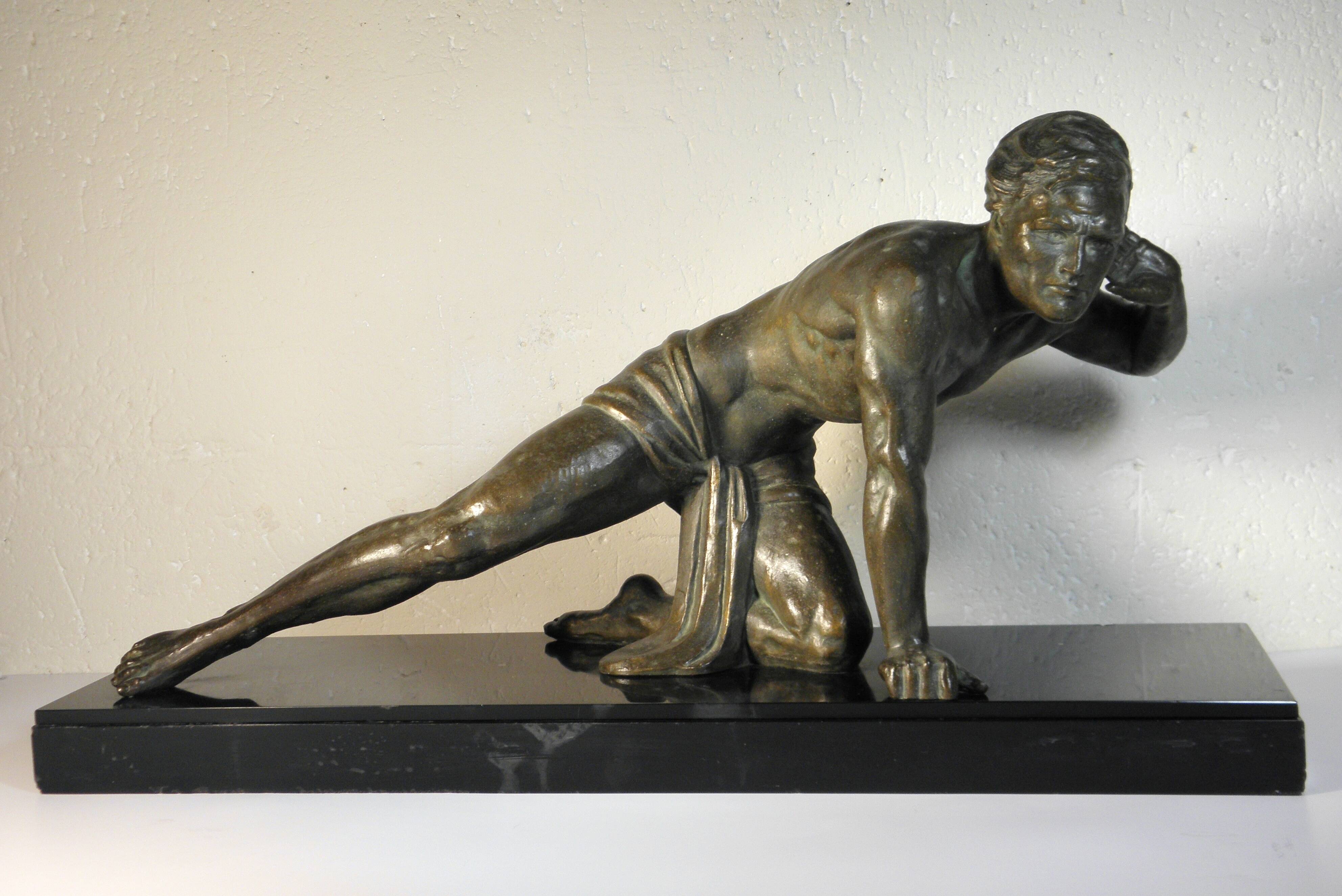 Art Deco spelter sculpture on marble base J. De Roncourt