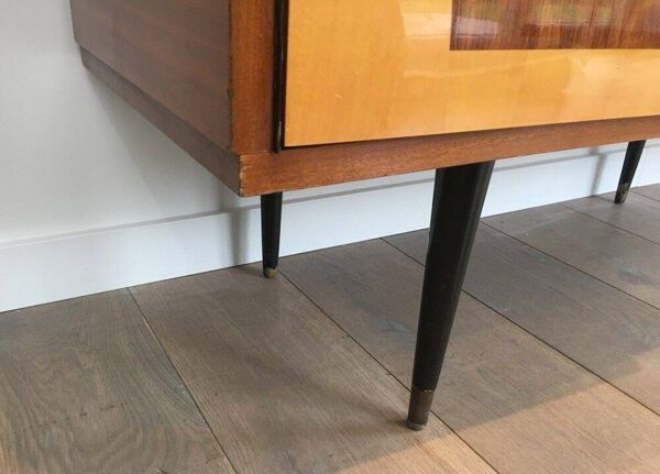 Enfilade design à 4 portes en acajou sapelli et sycomore sur une base en bois noirci