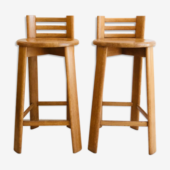 Pair of solid oak bar stools, Italy, 70s
