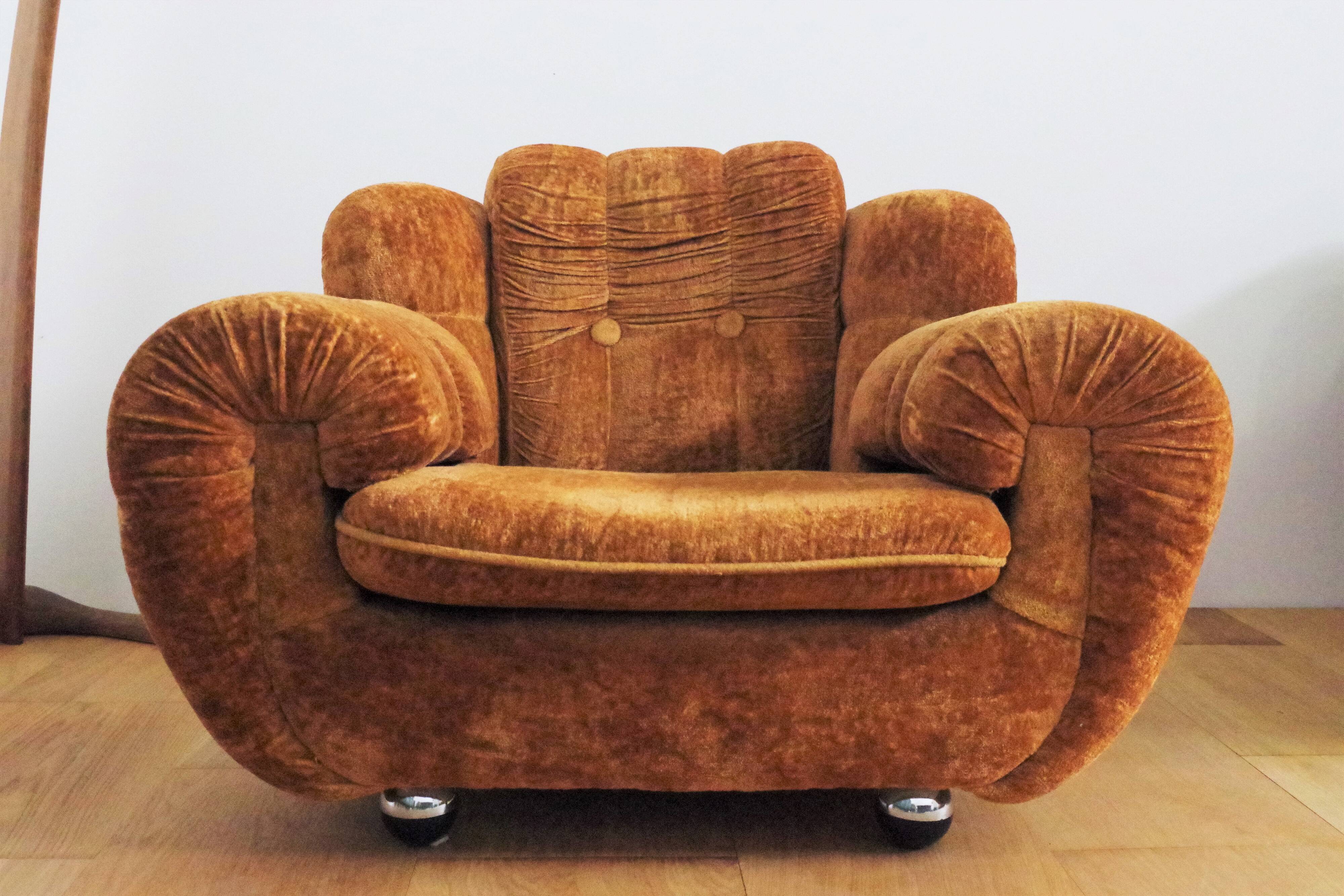 Velvet armchairs and sofa, 1970s, set of 3
