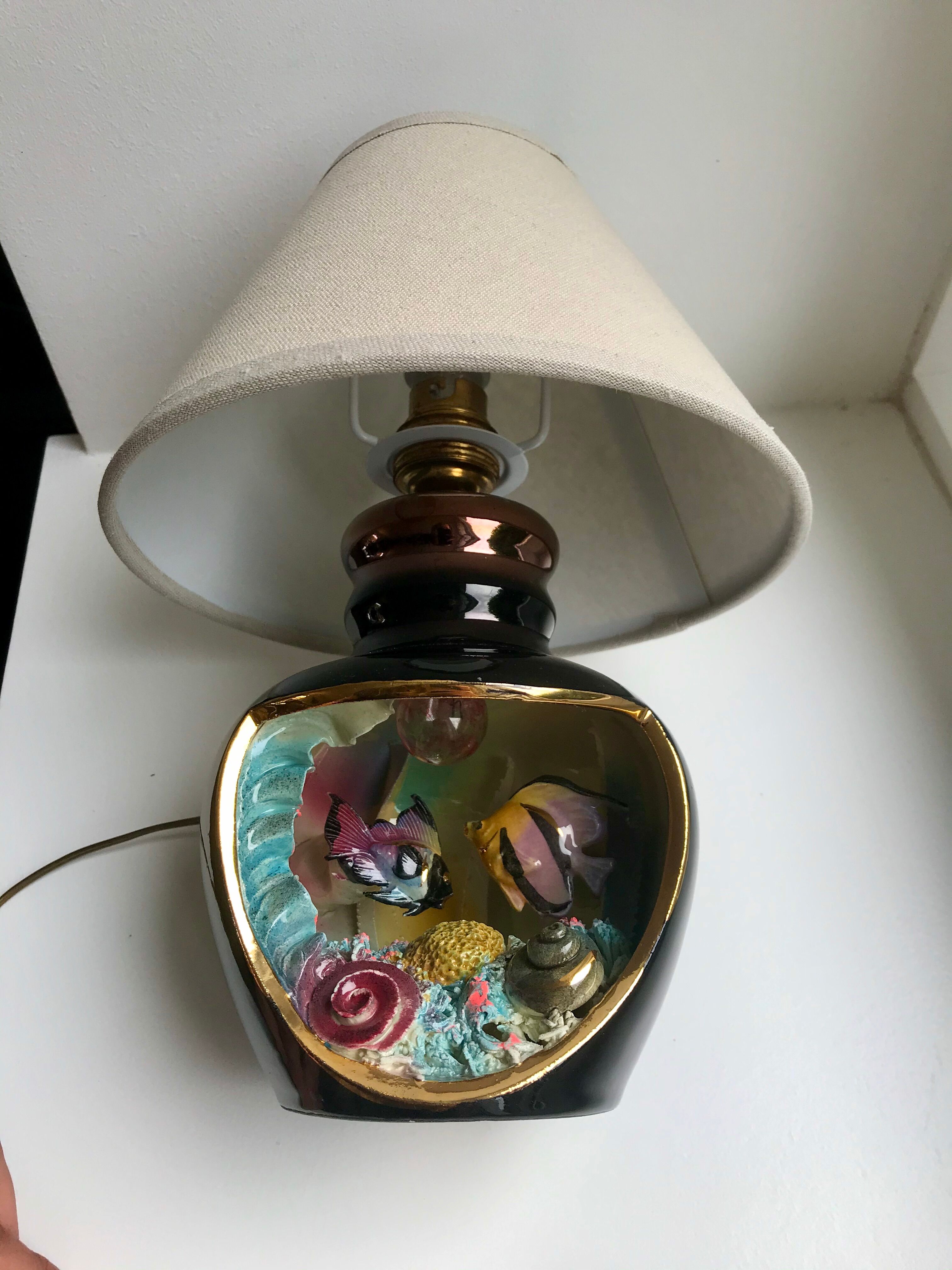 Lampe poisson Vallauris noir et grise avec abat-jour en lin années 70