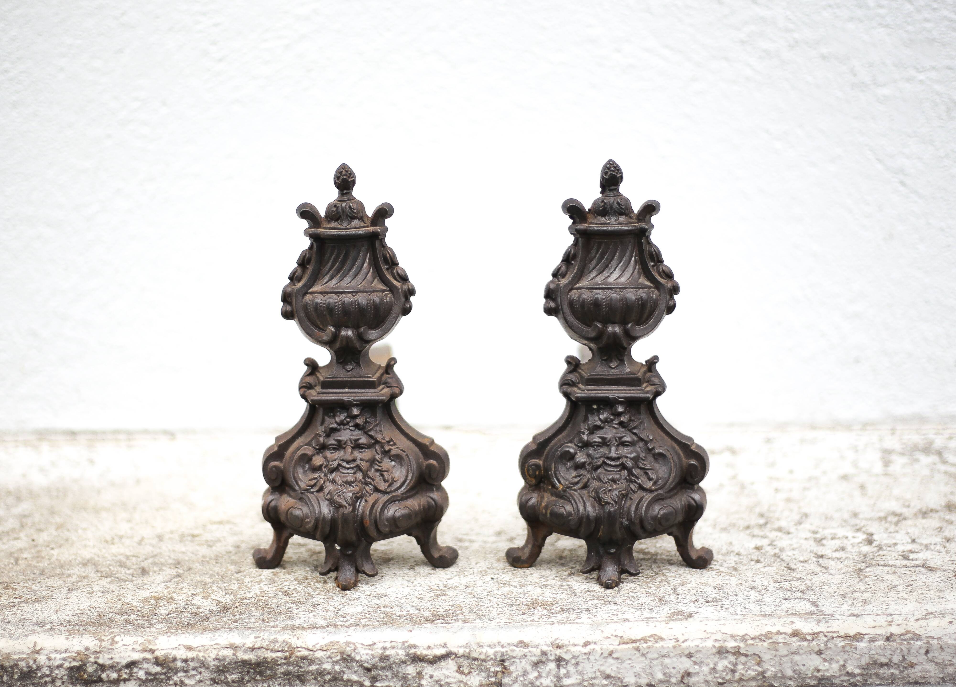 Vintage fireplace andirons, pair of cast iron Bacchus head andirons, fireplace accessories