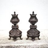 Vintage fireplace andirons, pair of cast iron Bacchus head andirons, fireplace accessories