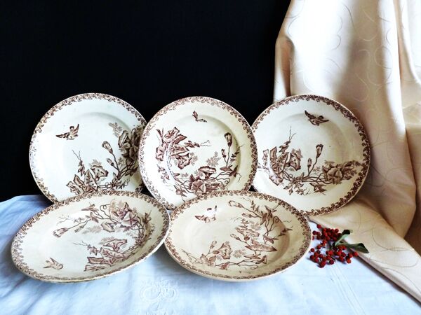 Anciennes assiettes creuses de table fin 19e, ancienne vaisselle française.