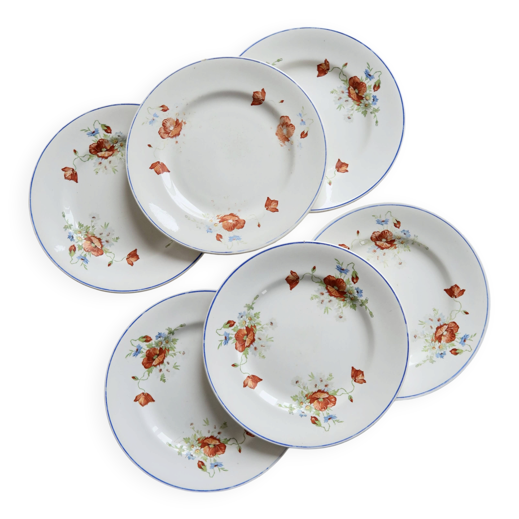 6 assiettes plates anciennes faience Salins - Modèle coquelicot