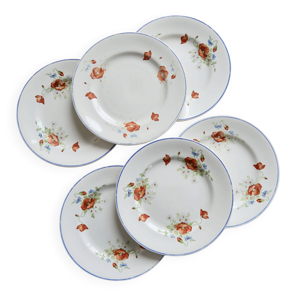 6 assiettes plates anciennes faience Salins - Modèle coquelicot