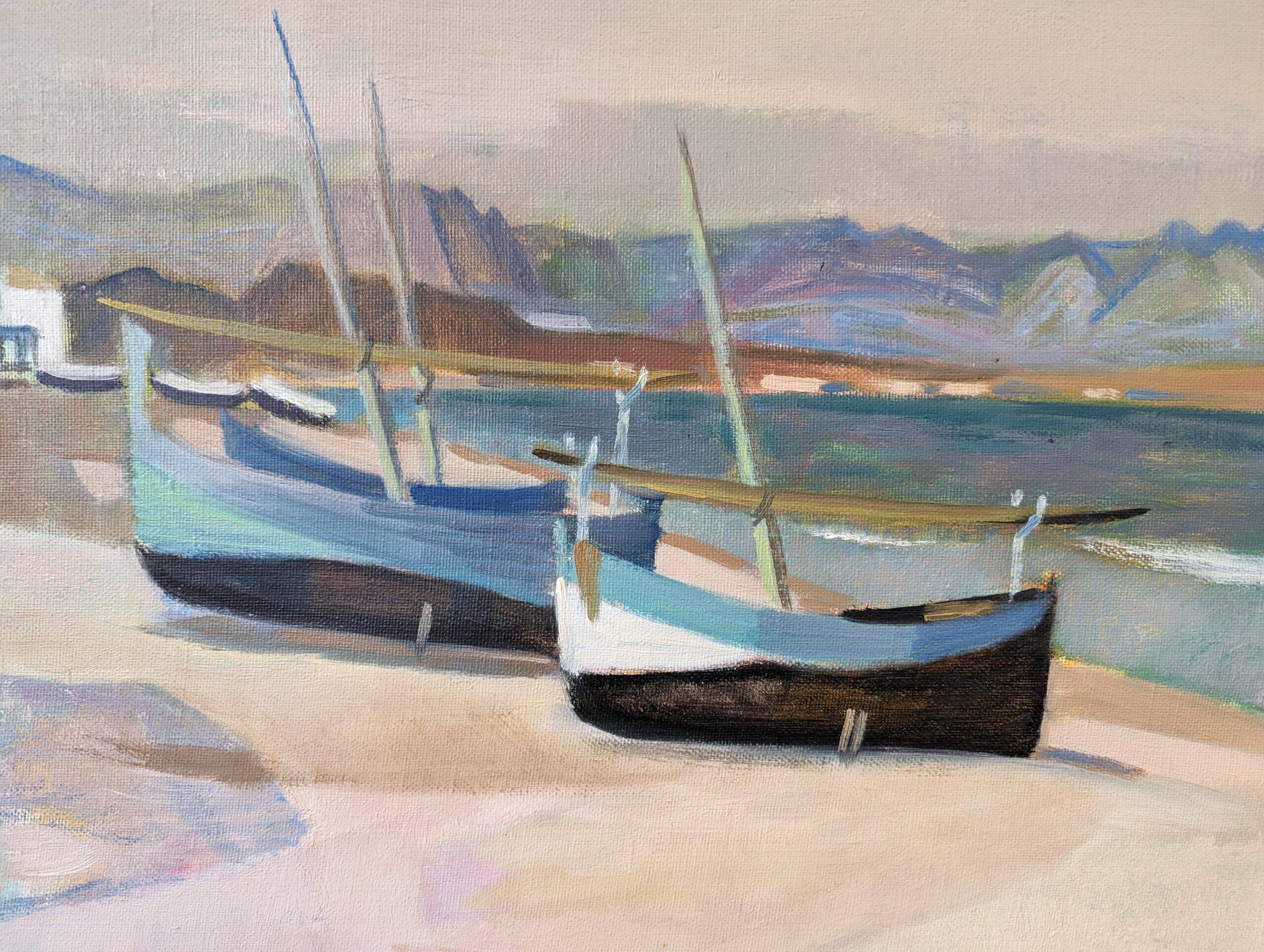 Mid-Century Modern Swedish "Calm Shore" Vintage Coastal Oil Painting, Framed