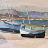 Mid-Century Modern Swedish "Calm Shore" Vintage Coastal Oil Painting, Framed
