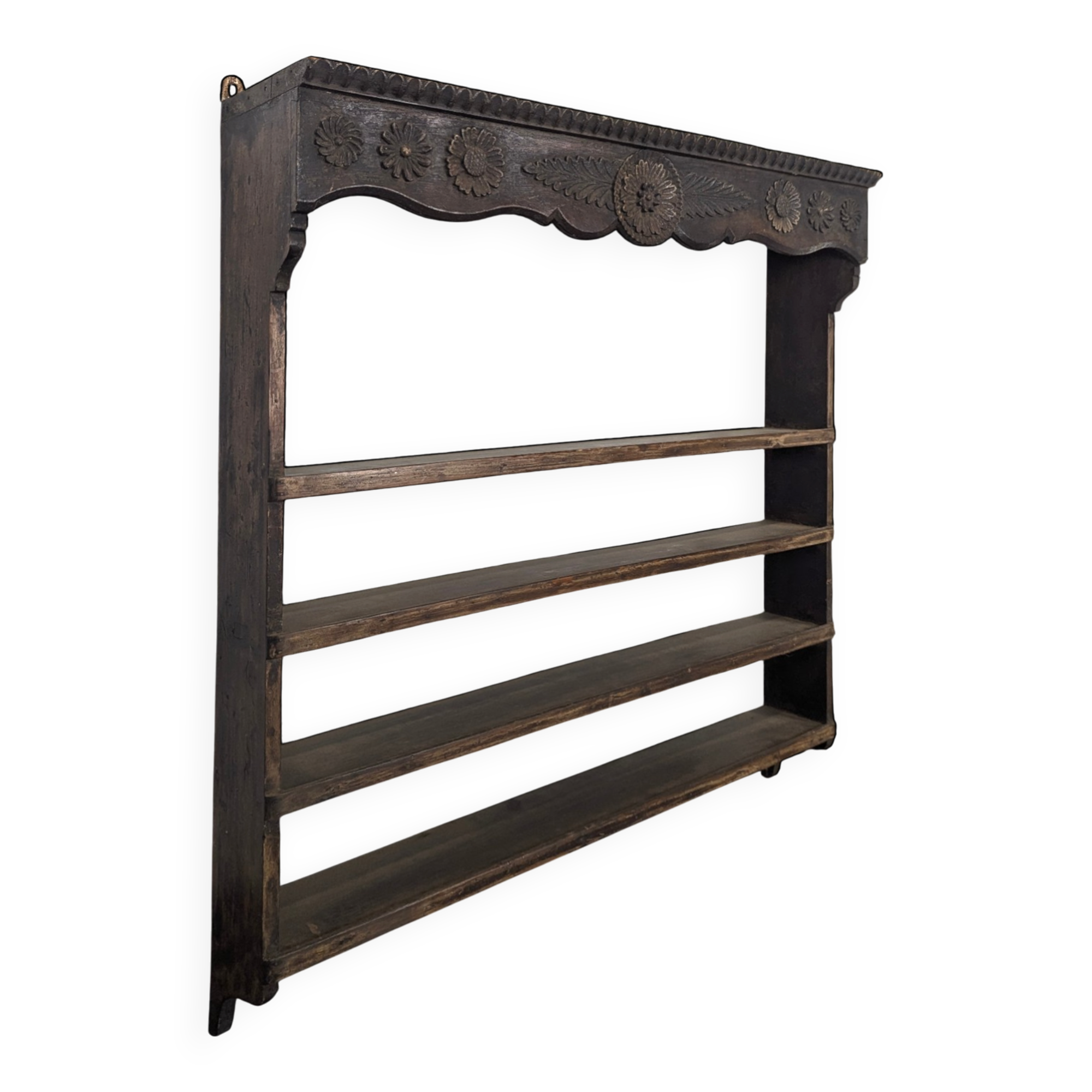 Étagère murale égouttoir en chêne sculpté de fleurs