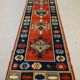 Vintage turkish runner 300x83 cm kazak rug, terracotta red, green, beige blue