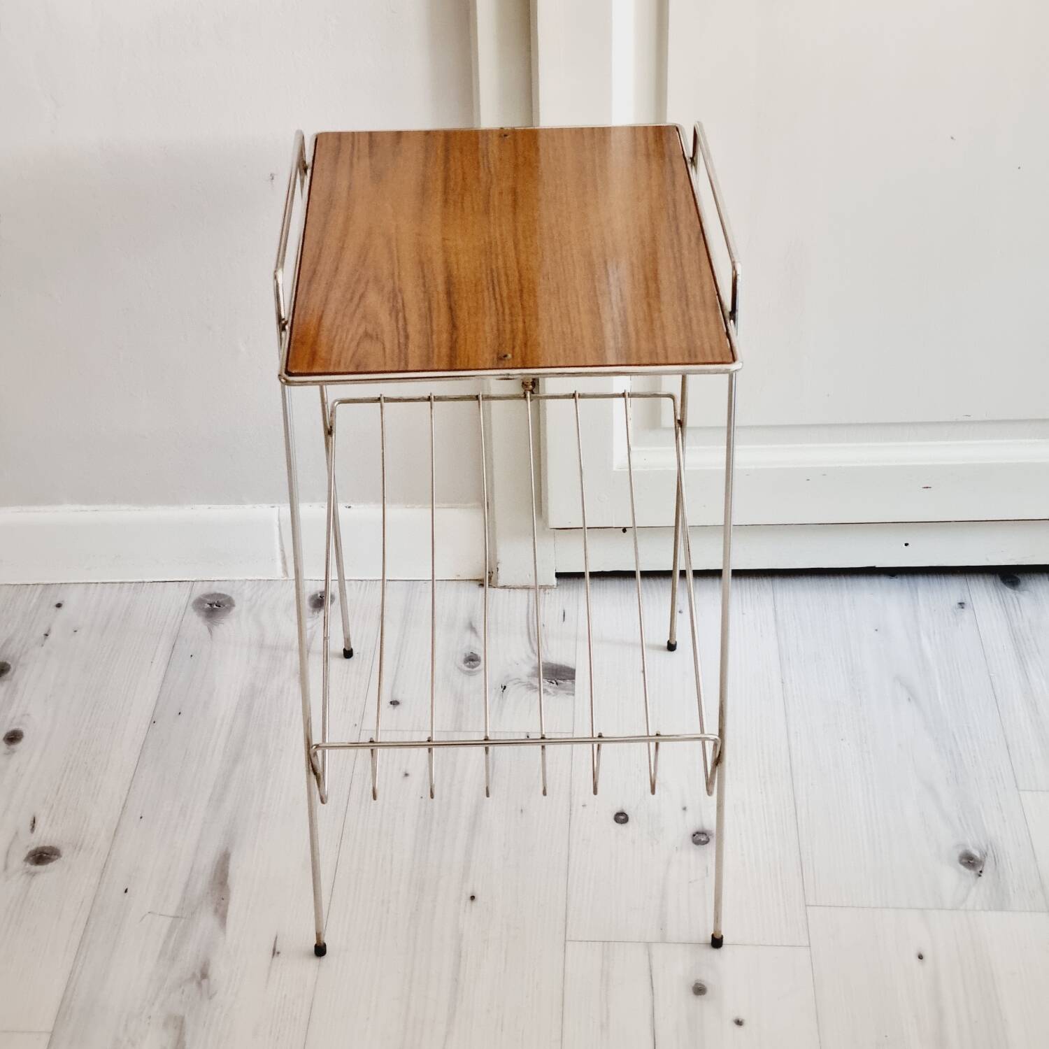 Metal and Formica magazine rack side table