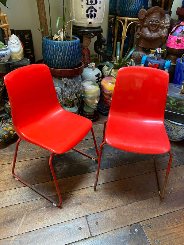 Duo de chaises vintage enfant maternelle Grofilex en plastique rouge