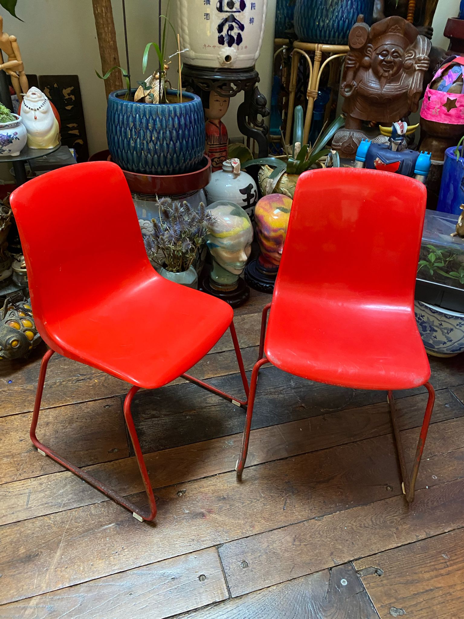 Duo of vintage Grofilex kindergarten children's chairs in red plastic