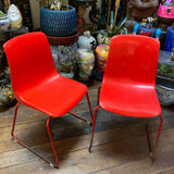 Duo of vintage Grofilex kindergarten children's chairs in red plastic