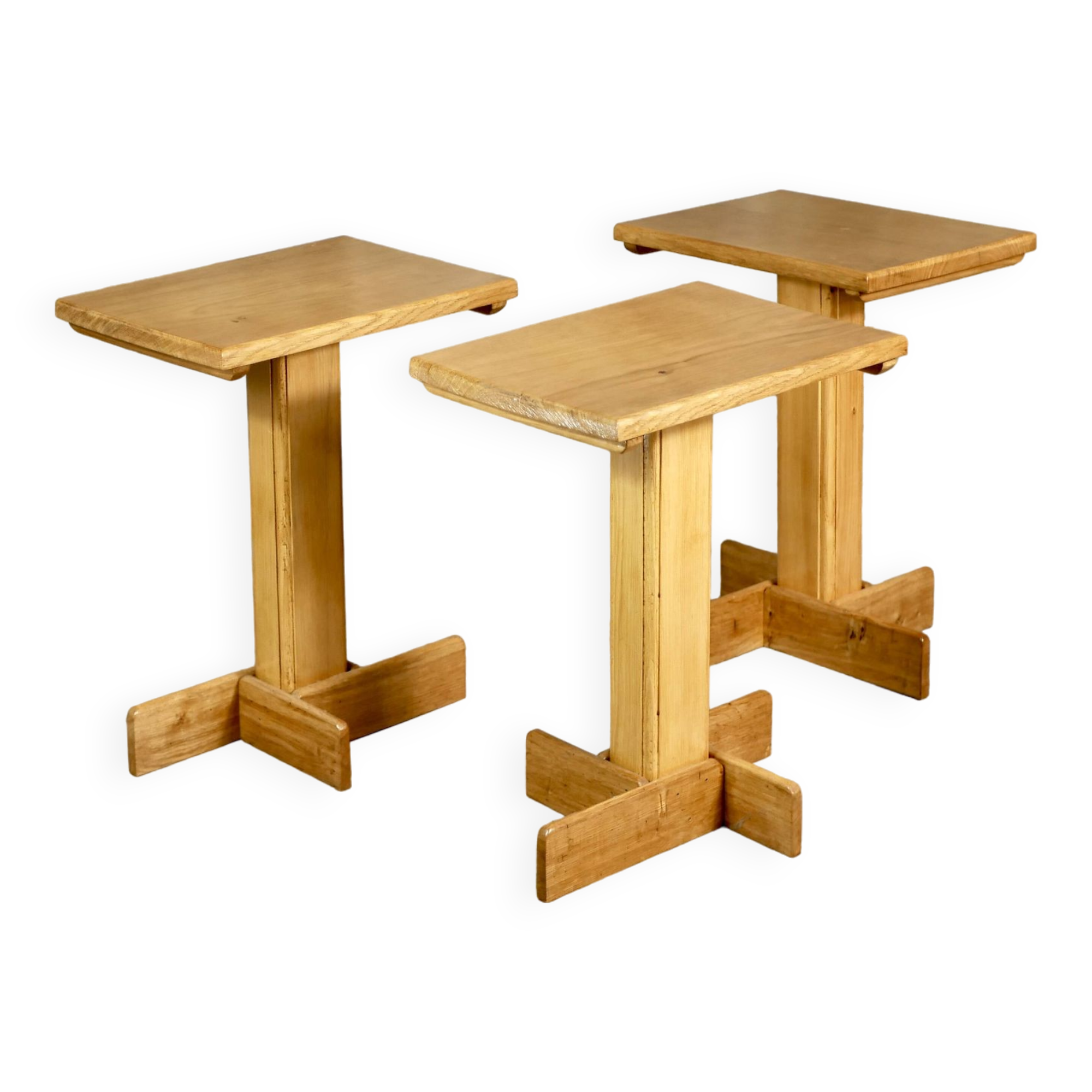 Series of 3 side tables in oak and pine