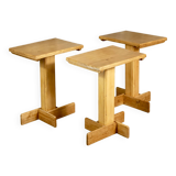 Series of 3 side tables in oak and pine
