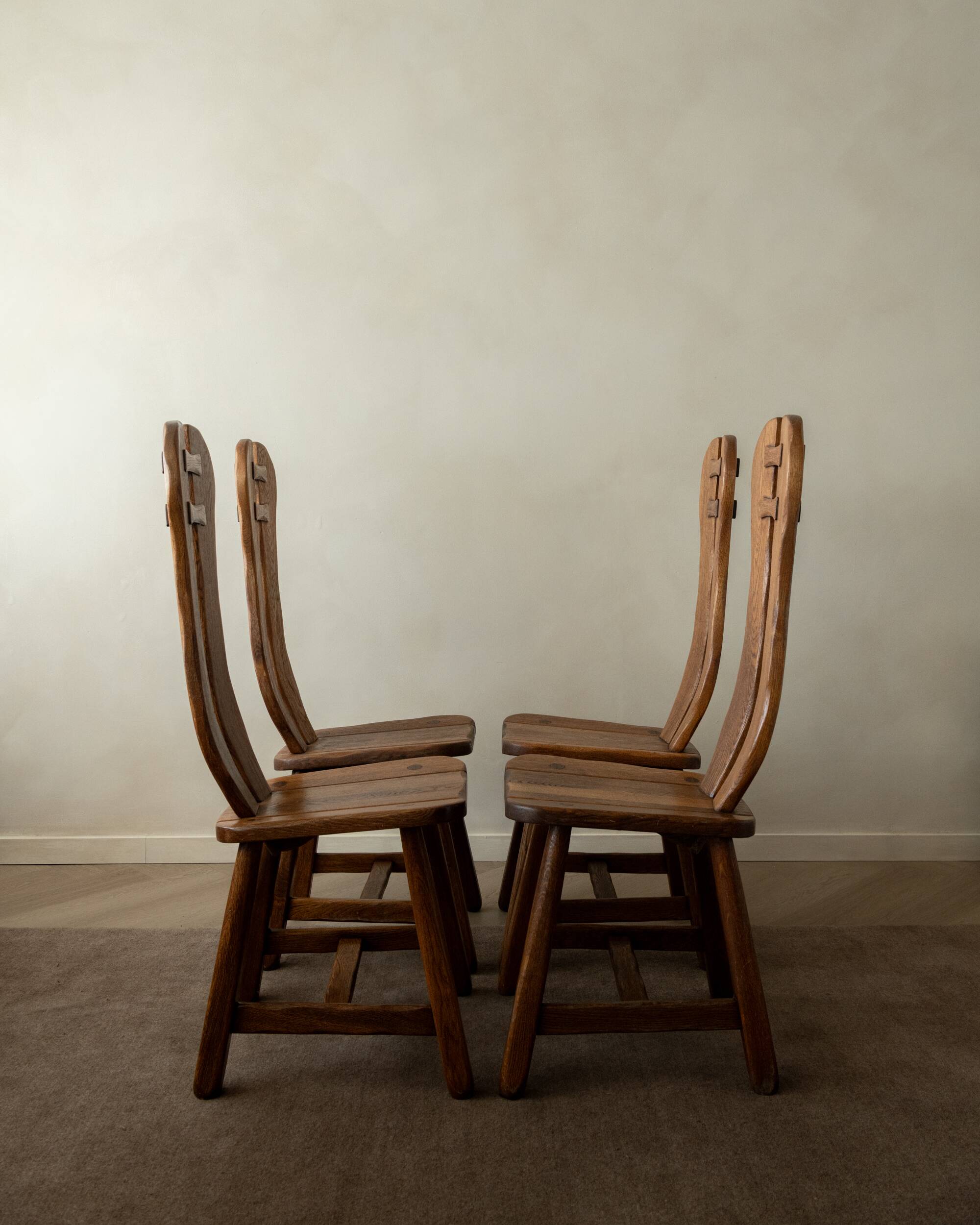 Brutalist Oak Dining Chairs Sculptural Backs by De Puydt, 1960s, Set of 4