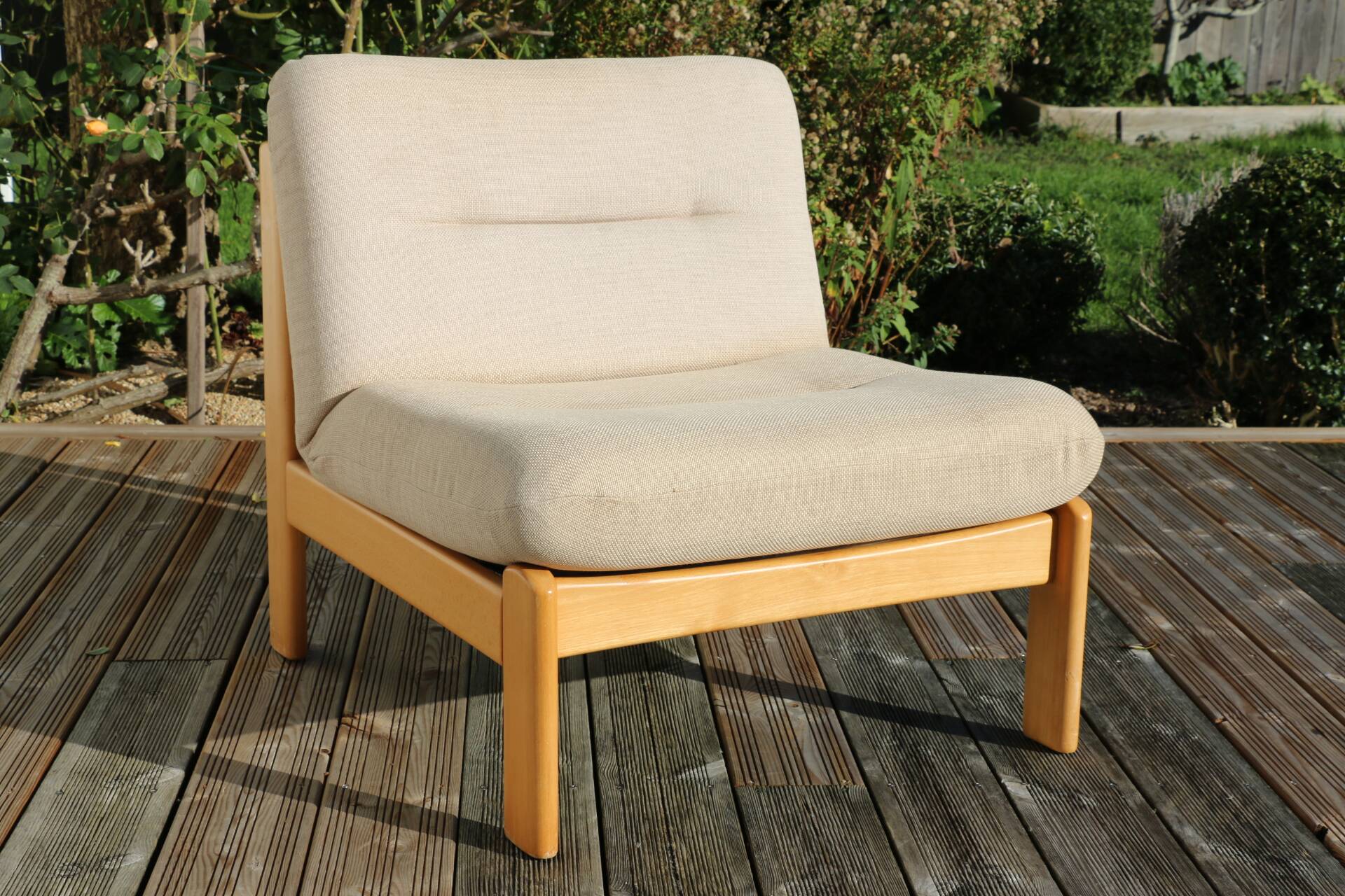 Pair of wood and fabric lounge chairs, 1980