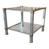 Table basse vintage en laiton et verre, accents chromés dorés — Pierre Vandel, Paris 1970s