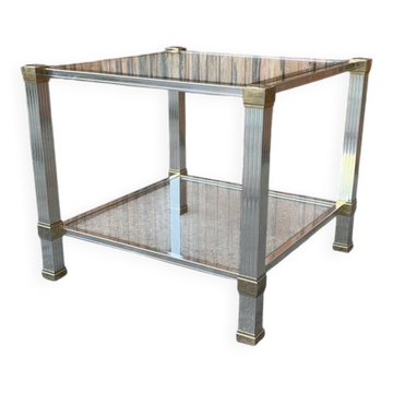 Vintage coffee table in brass and glass, with gold chrome accents — Pierre Vandel, Paris 1970s