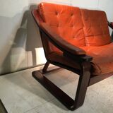 Wooden and ochre leather sofa