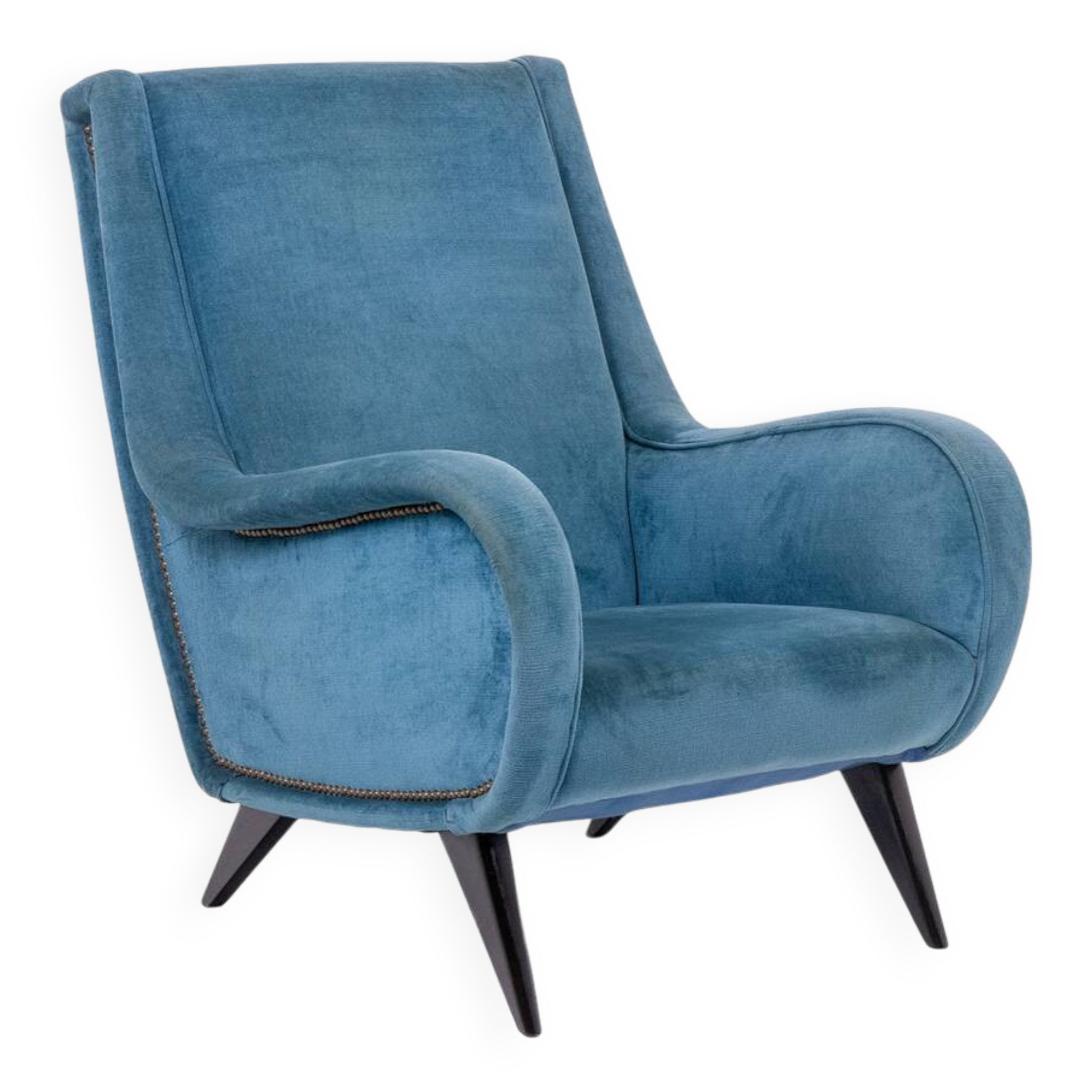 Blue velvet armchair, beech base. 1950s.
