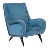 Blue velvet armchair, beech base. 1950s.