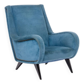 Blue velvet armchair, beech base. 1950s.
