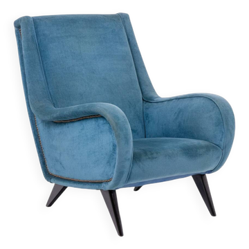 Blue velvet armchair, beech base. 1950s.