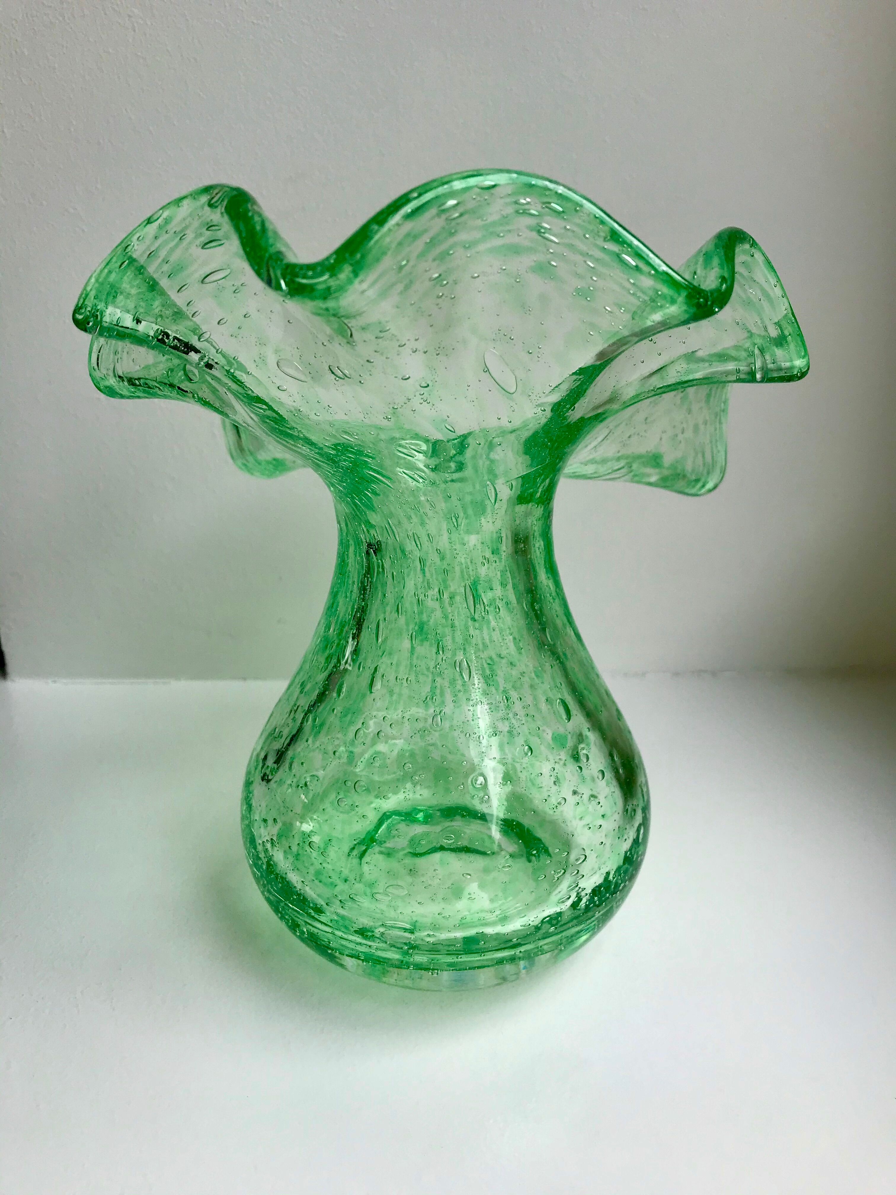 Biot bubbled glass corolla vase signed Riom vert years 60-70