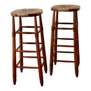 Tabouret de bar ancien en bois et assise paillée