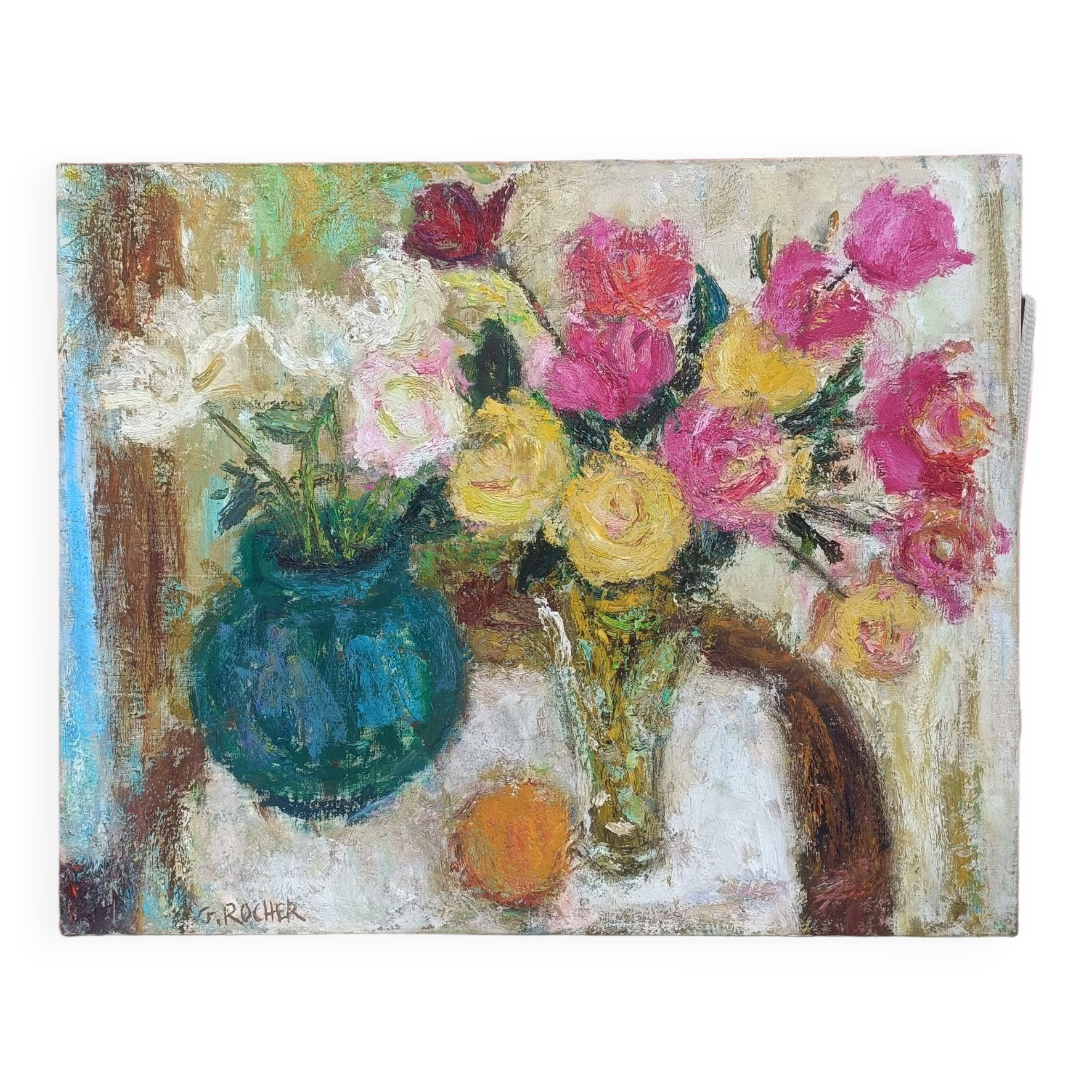 Painting on canvas, bouquet of roses, Georges Rocher