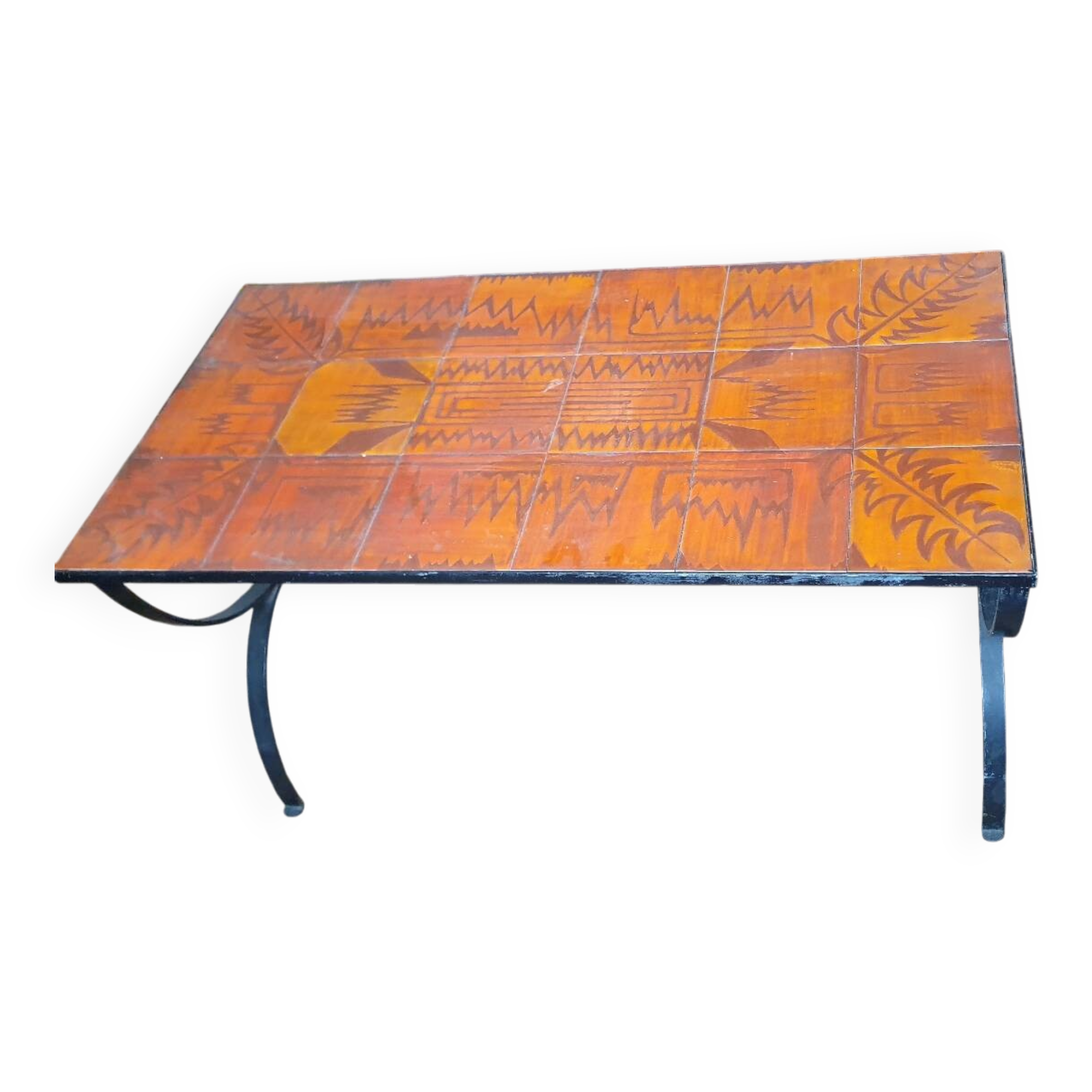 Wrought iron and orange ceramic coffee table